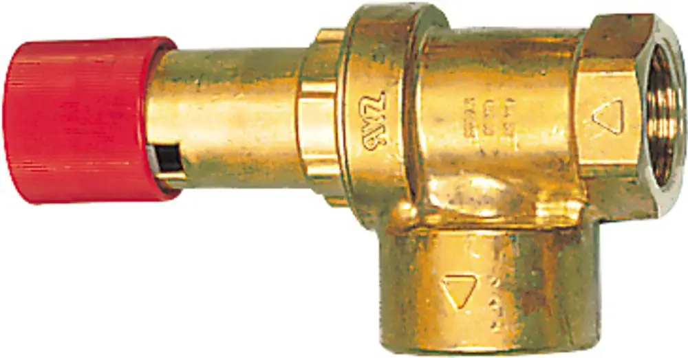 Membran-Sicherheitsventil aus Messing mit rotem Schutzdeckel, zur Druckregulation in Installationen, markiert mit der Marke Bosch.